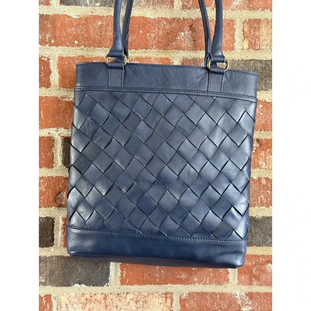 North Style Deep Blue Woven Leather Bag, Magnetic Closure, Rolled Handles